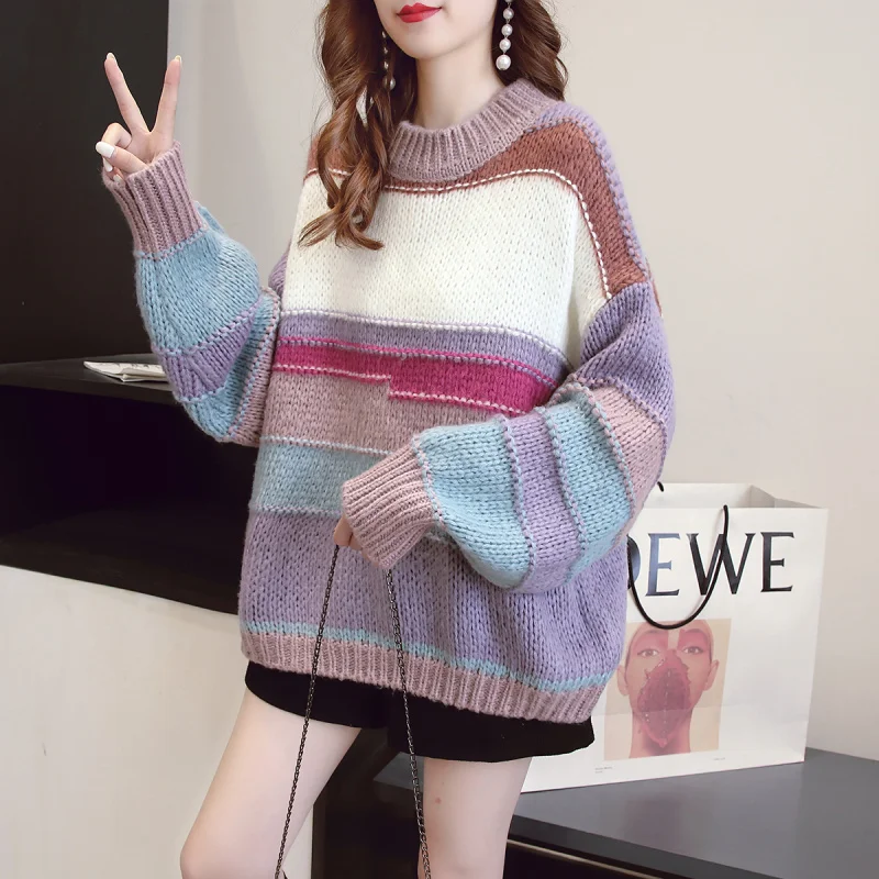 2024 Women Autumn O-Neck Sweater Long Sleeve Color Patch Women Warm Sweater Loose Style Winter Casual Women Pullovers Pull Femme