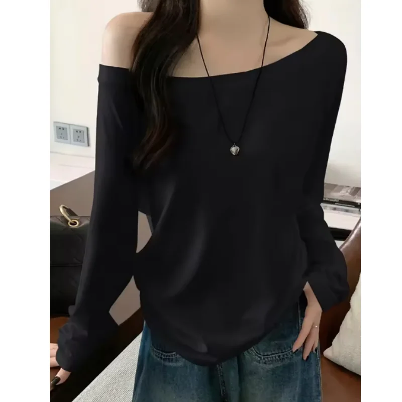 Übergroßes, schulterfreies Langarm-T-Shirt im Y2K-Stil für Damen, einfarbig, lässige Oberteile, Herbst-Basics, T-Shirts im koreanischen Preppy-Stil, vielseitig kombinierbar, neu – Detail 7