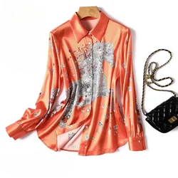 Camisas de satén con estampado para mujer, blusas Vintage holgadas de manga larga, Tops de seda para mujer, novedad de verano 2023