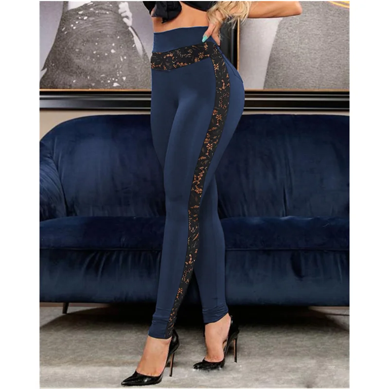 Faion High-Waist Skinny Yoga Trousers Women Casual Sport Cotton Blend Street Sle Lace Detail Long Pants