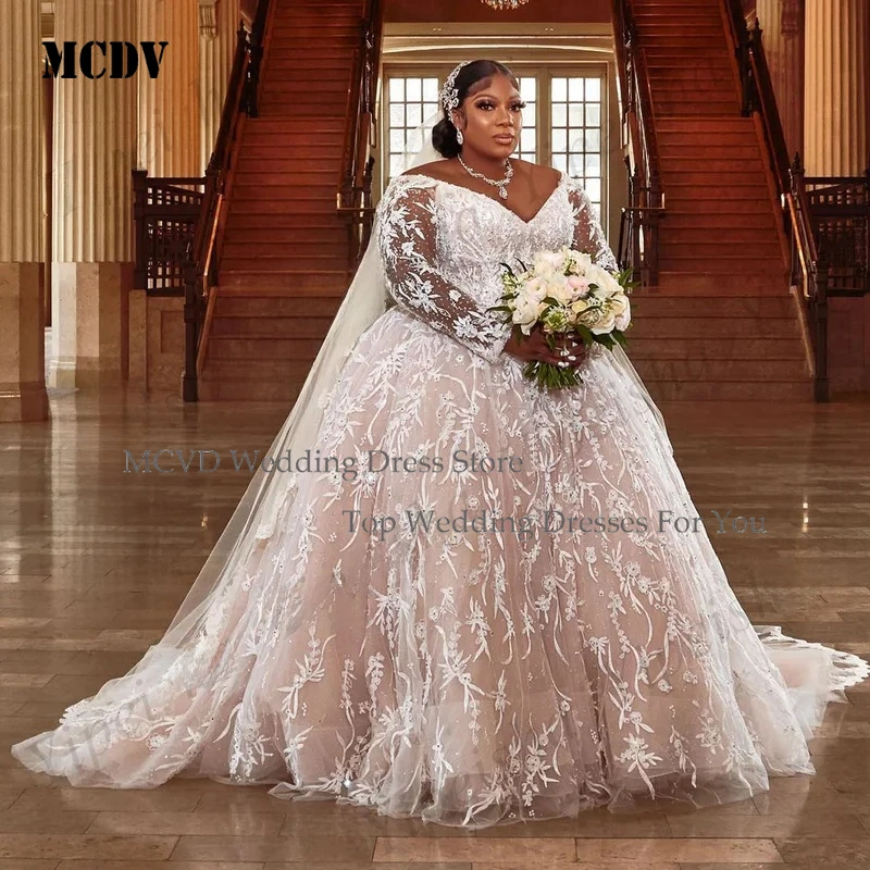

MCDV Plus Size Wedding Dresses Long Sleeves Africa Bridal Gown V Neck Beads Appliqued Lace Beach Custom Boho Chic A Line
