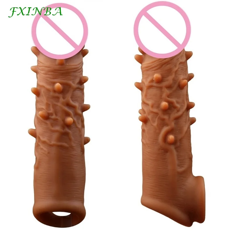 FXINBA 14-20cm Realistic Silicone Penis Extender Sleeve Delay Ejaculation Reusable Condoms Sex Toys For Men Extention