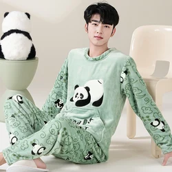 Men Flannel Nightwear Sleep Tops Long Sleeve Soft Pajamas Loungewear Casual Homewear Winter Warm Male Sleepwear Coral Fleece Pjs