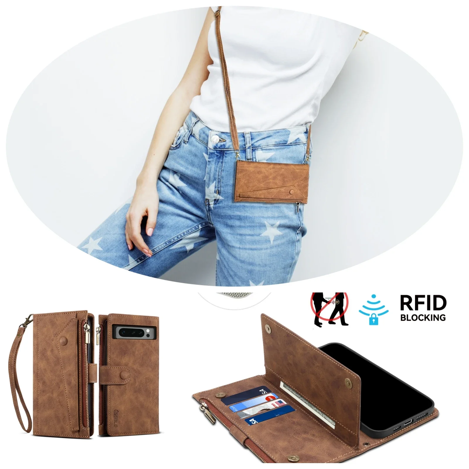 Crossbody Leder Reißverschluss Brieftasche Karte Telefon Fall für Google Pixel 9 Pro XL 8Pro 8A 6 PRO 6A Lanyard Abdeckung RFID Funktion für 7 PRO