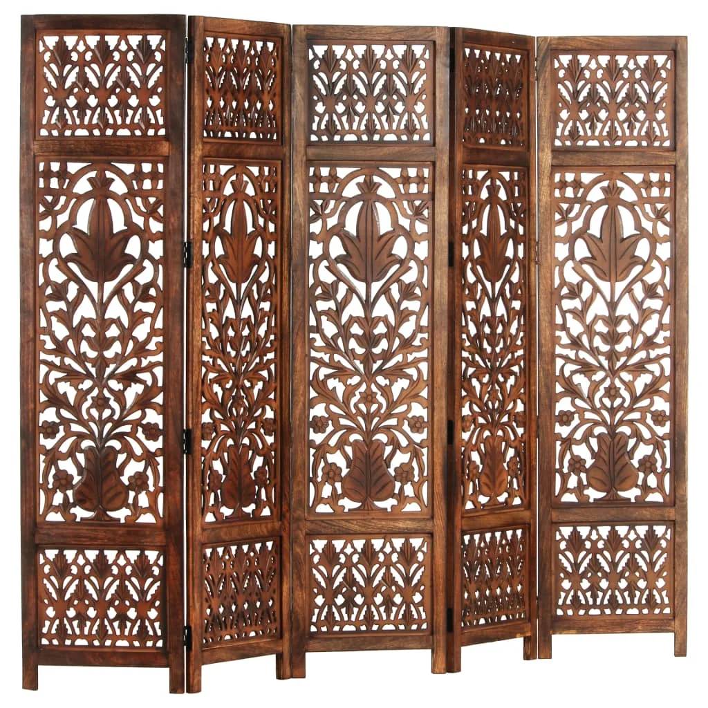 

Hand Carved 5-Panel Room Divider Brown 78.7"x65" Solid Mango Wood Room Trellis Divider and Folding Privacy Screens Home Decorate