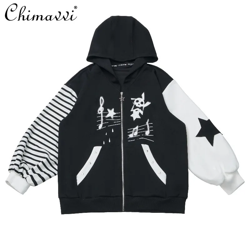

Japanese Style Black and White Striped Rock Print Star Casual Set Autumn New Fashion Long Sleeve Coat Pants Student Outfits