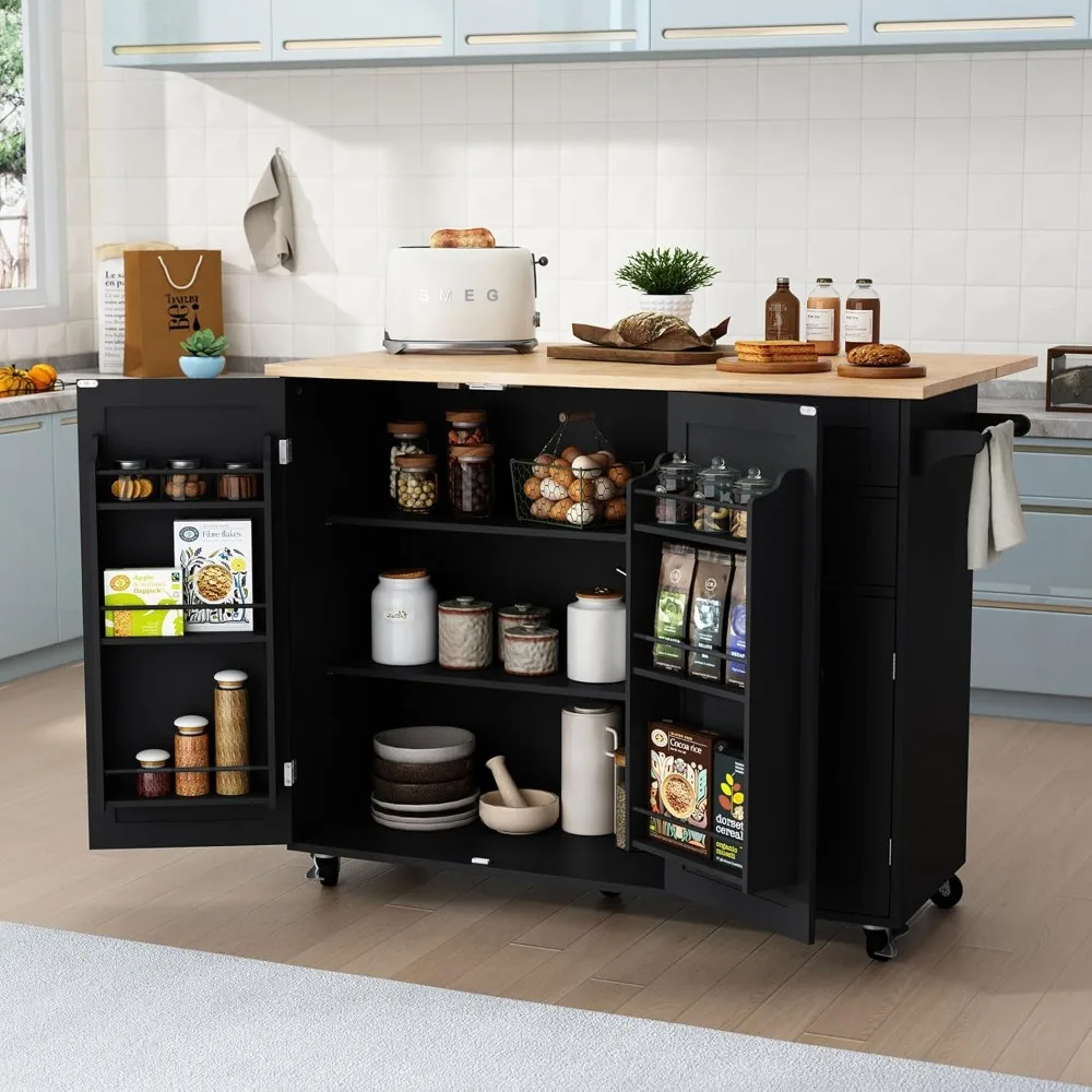 US Kitchen Island with Storage,Rolling Kitchen Island on Wheels with Drop-Leaf Bar Countertop,Island Table for Kitchen with Side