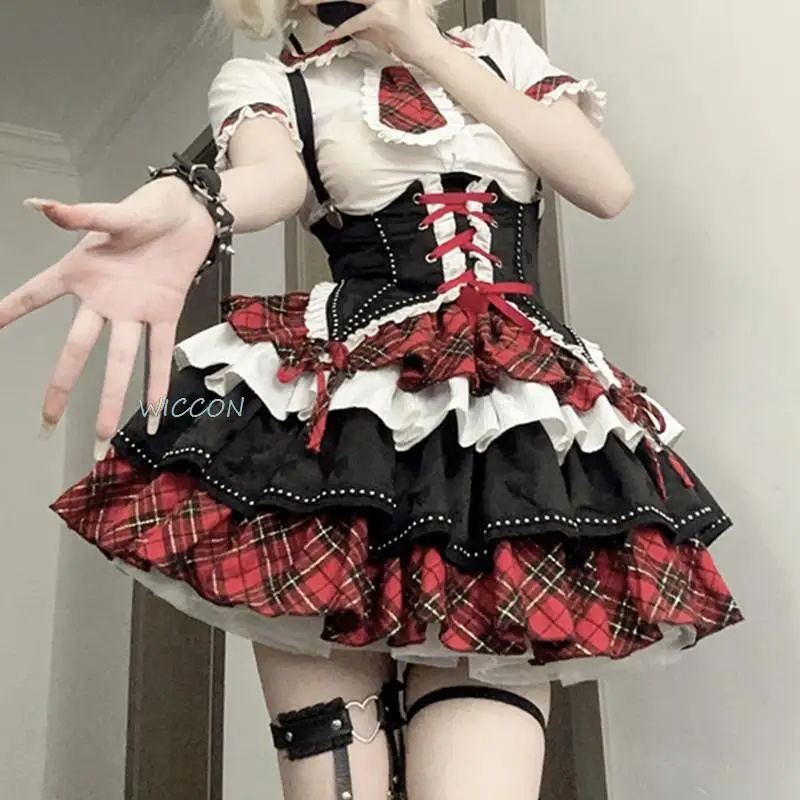 

Victorian Gothic Lolita Dress Set Women Punk Style Plaid Necktie Bandage Princess Dress Harajuku Fashion Y2k Party Dress