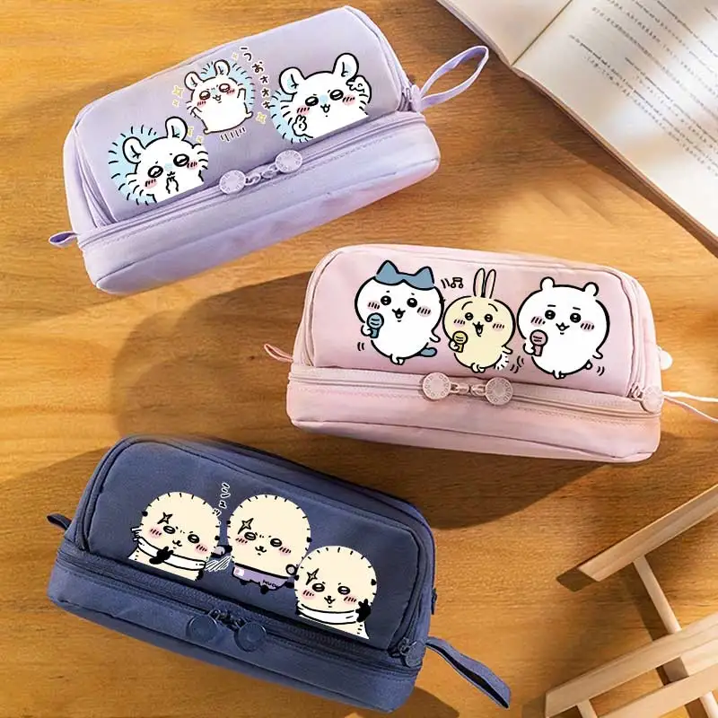 For Chiikawa Double-layer Stationery Bag Anime Usagi Hachiware Momonga Learning Tool Bag Office Desk Storage Bags Box