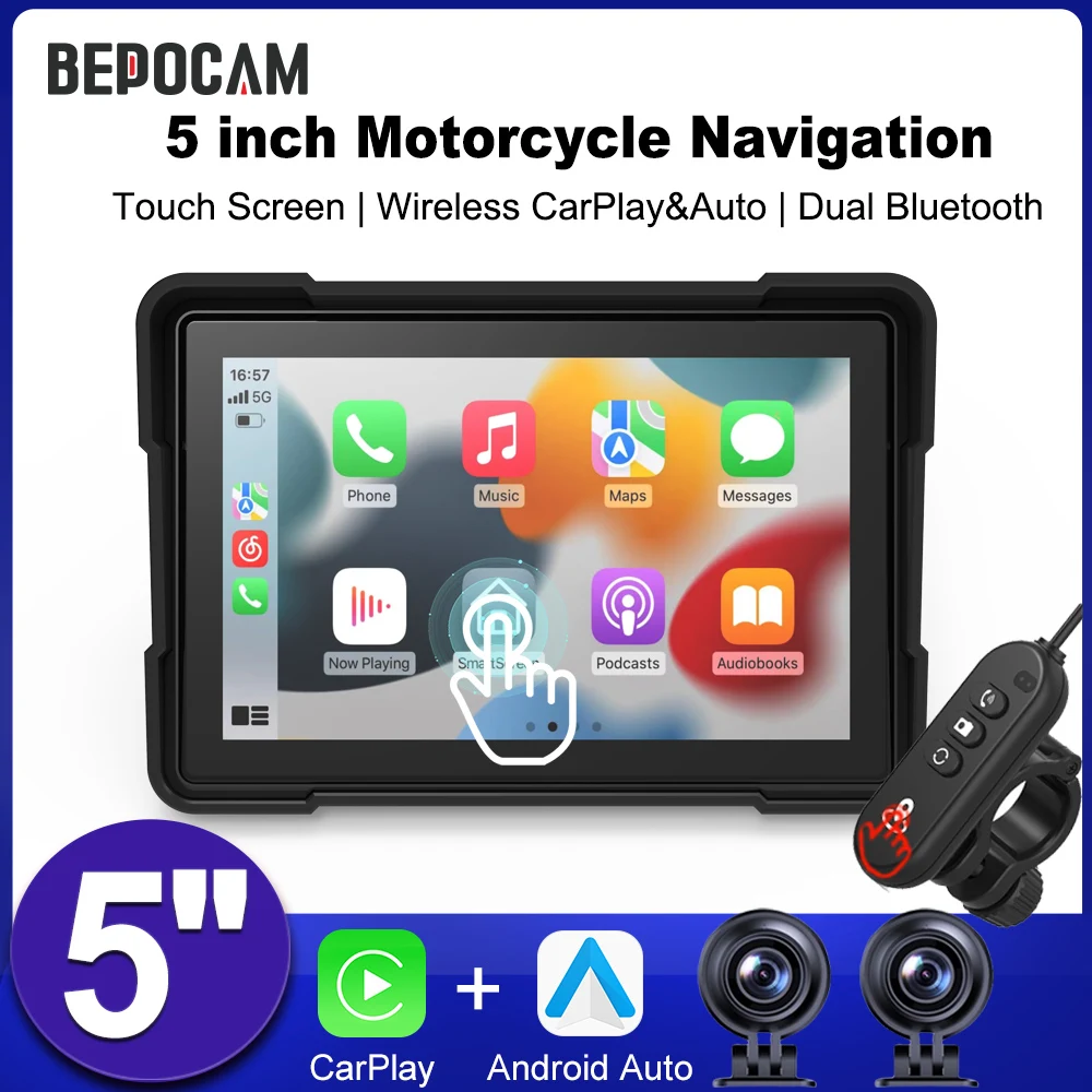 

BEPOCAM Портативный 5-дюймовый мотоциклетный GPS-навигатор IP67 Водонепроницаемый беспроводной Carplay Android Auto DVR Drive Recorder Монитор