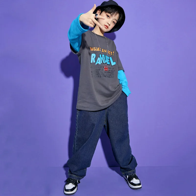 Kid Cool Kpop Hip Hop Clothing 2 Tone Sweatshirt Top Streetwear Denim Blue Pants Jeans for Girl Boy Jazz Dance Costume Clothes