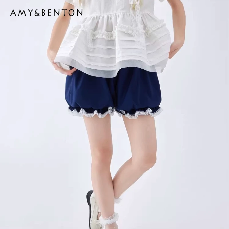 Japanese Style Design Sweet Cute Dark Blue Lace Trim Splicing Women's Shorts 2026 Spring-summer New Lantern Bud Pants Ladies