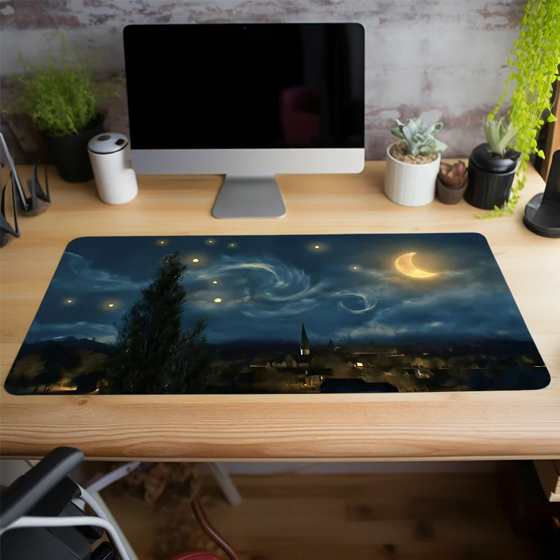 Night Sky Mouse Pad Abstract Art Oil Painting Large E-sport Desk Pad Natural Rubber Anti-Slip Office Desk Pad Gift for Friend