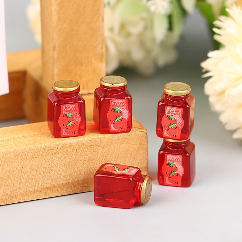 5Pcs 1/12 Dollhouse Strawberry Sauce Jam Jar Dollhouse Miniature Kitchen Food Accessories Dolls House Decorations Toys