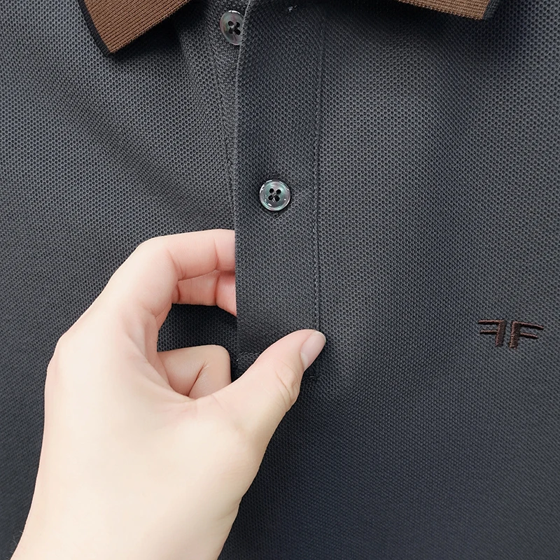Luxuriöses Herren-Poloshirt mit Stickerei, Neues Einfarbiges Kurzarm-Shirt mit Kragen, 100% Baumwolle, Business-Casual Herrenbekleidung – Detail 15