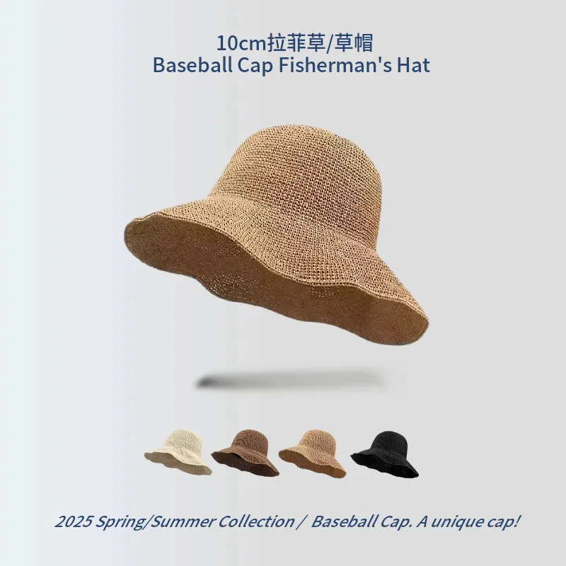 Women Wide Brim Raffia Straw Sun Hat Summer Uv Protection Adjustable Foldable Portable Fisherman Cap Solid Color Beach Sunscreen