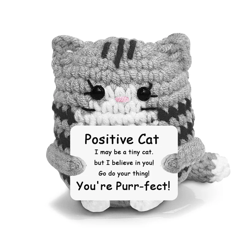 Positive Crochet Cat Mini Animal Emotional Cheer Up Support Gift Funny Crochet Mini Handmade Cat for ChrismasTeen Festival Gifts