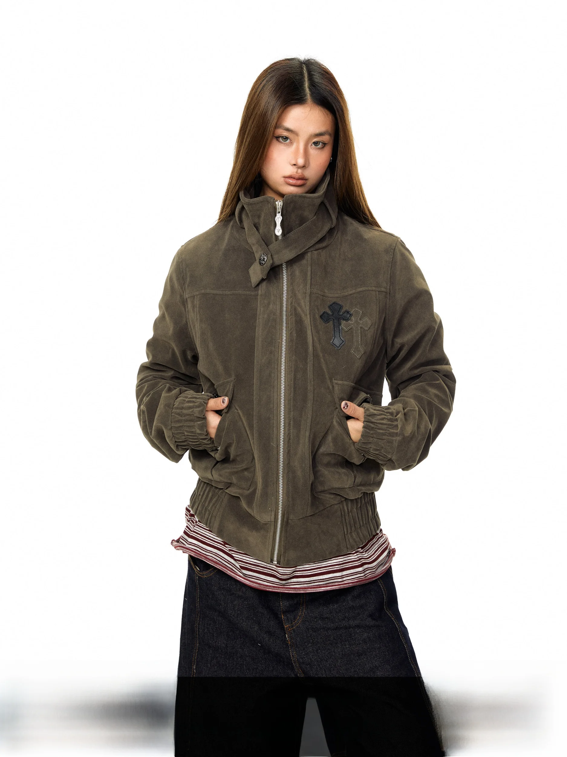 

Женская замшевая куртка Blabb свободного кроя с большими вышитыми карманами, воротником-стойкой, в американском стиле, для работы, весна-осень