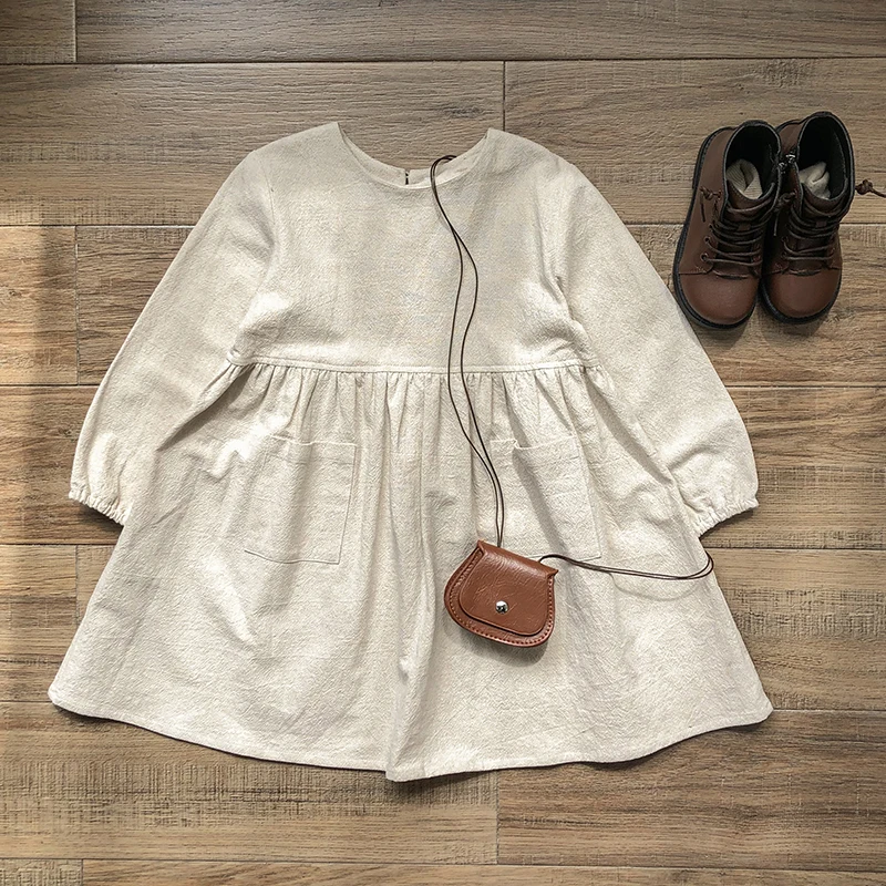 Solid Color Cotton Linen Dress Girls 2024 Autumn Chic Back Button Princess Dresses Vintage Round Neck Long Sleeved A-line Dress