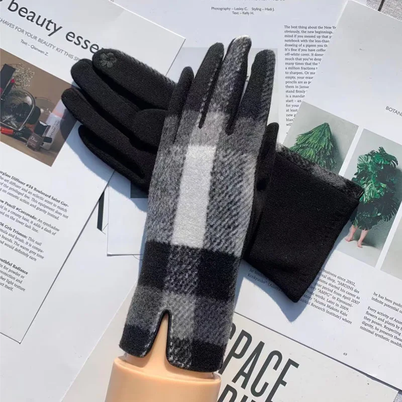 Guantes de tela de lana para mujer, manoplas suaves a cuadros para pantalla táctil, a la moda, elegantes, para ciclismo, a prueba de frío, no