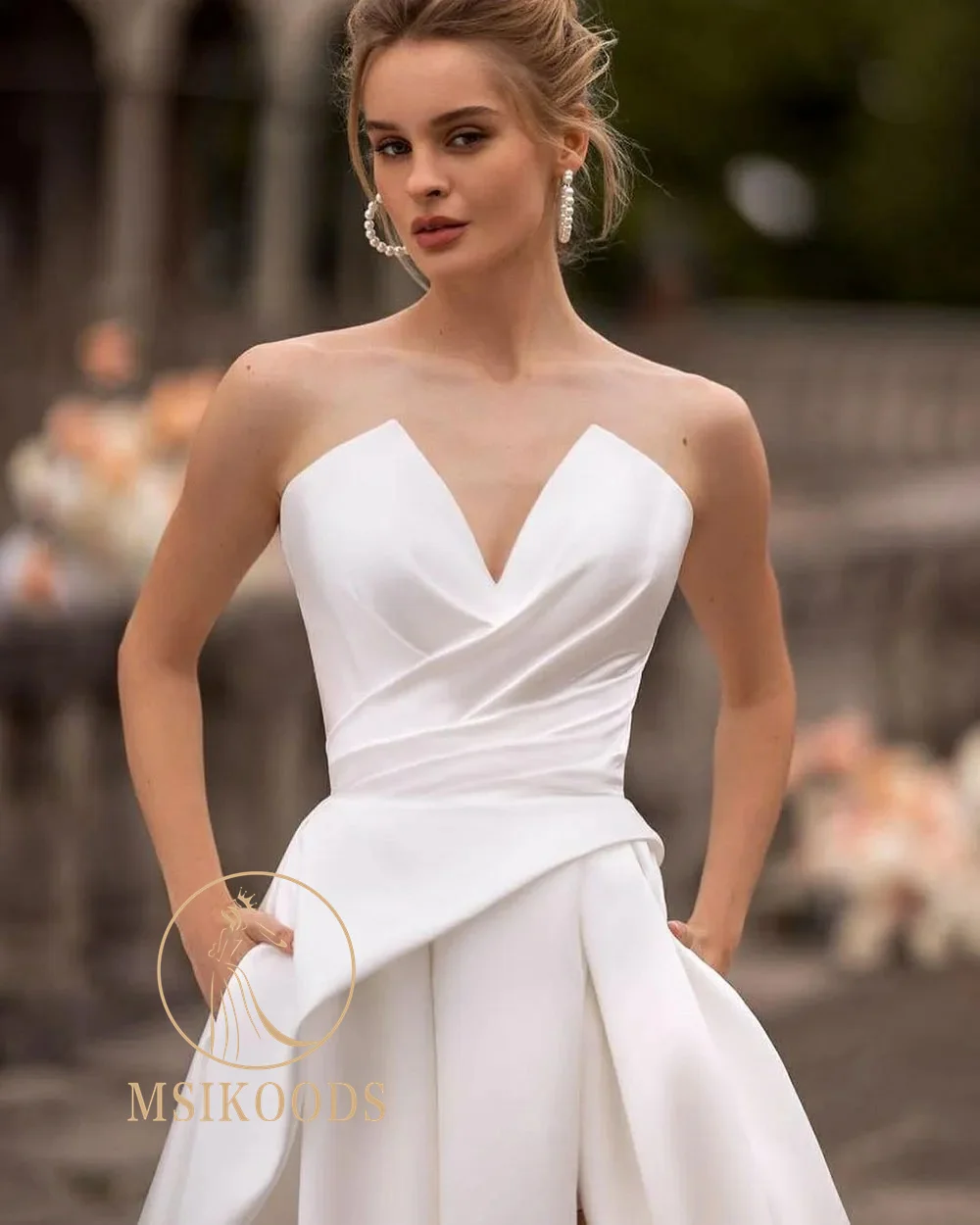 Msikoods elegante abito da festa di nozze 2024 donne innamorati abito da sposa in raso con tasca laterale divisa abiti da sposa Bespock