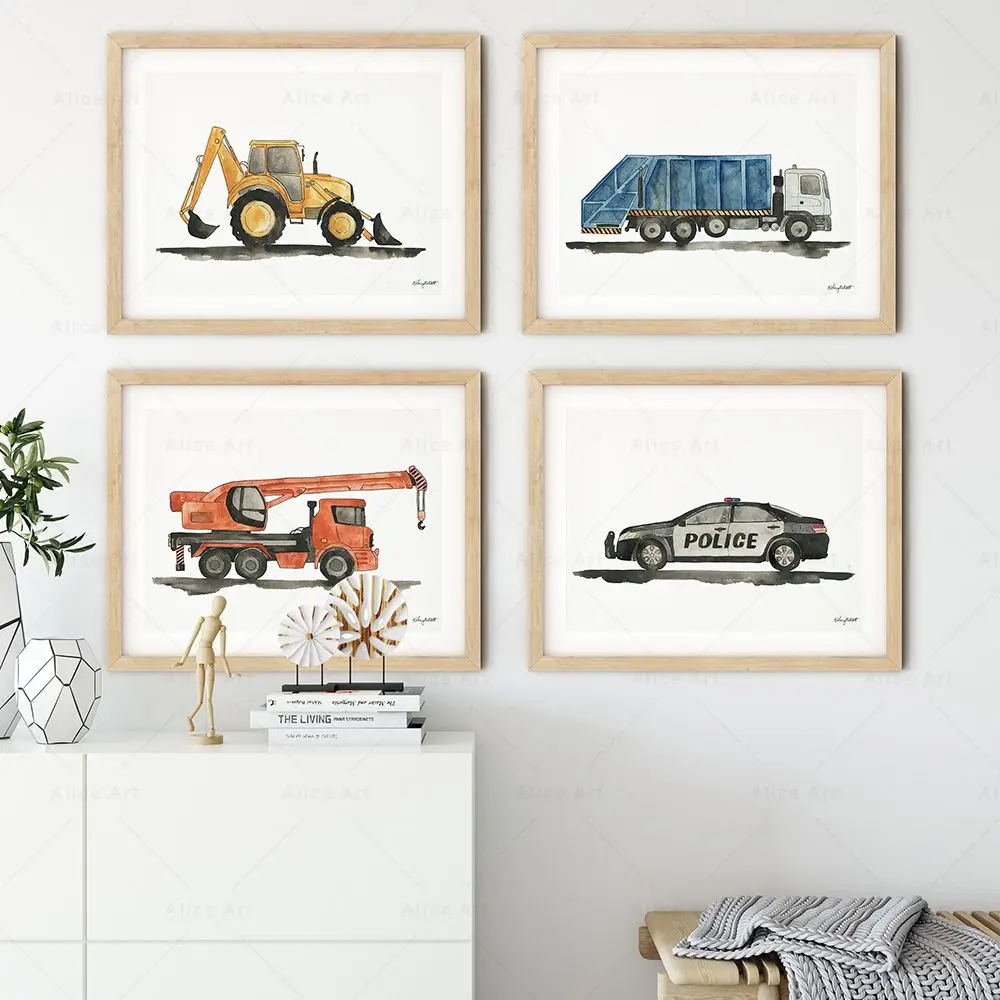 Watercolor Child Toy Car Poster Construction Truck Fire Engine Ambulance Canvas Painting Nordic Wall Art Picture Kids Room Decor