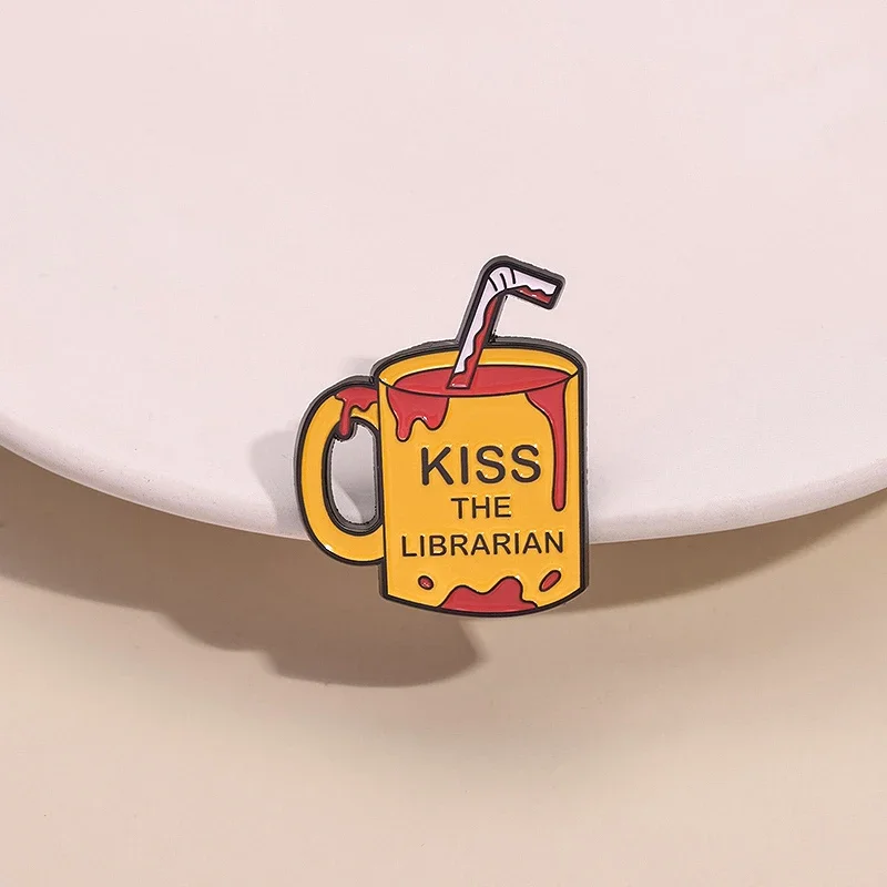 Kiss the Librarian Blood Mug Enamel Pin Vampire Horror Movies Inspiration Metal Brooch Lapel Badge Jewelry Gifts For Friends