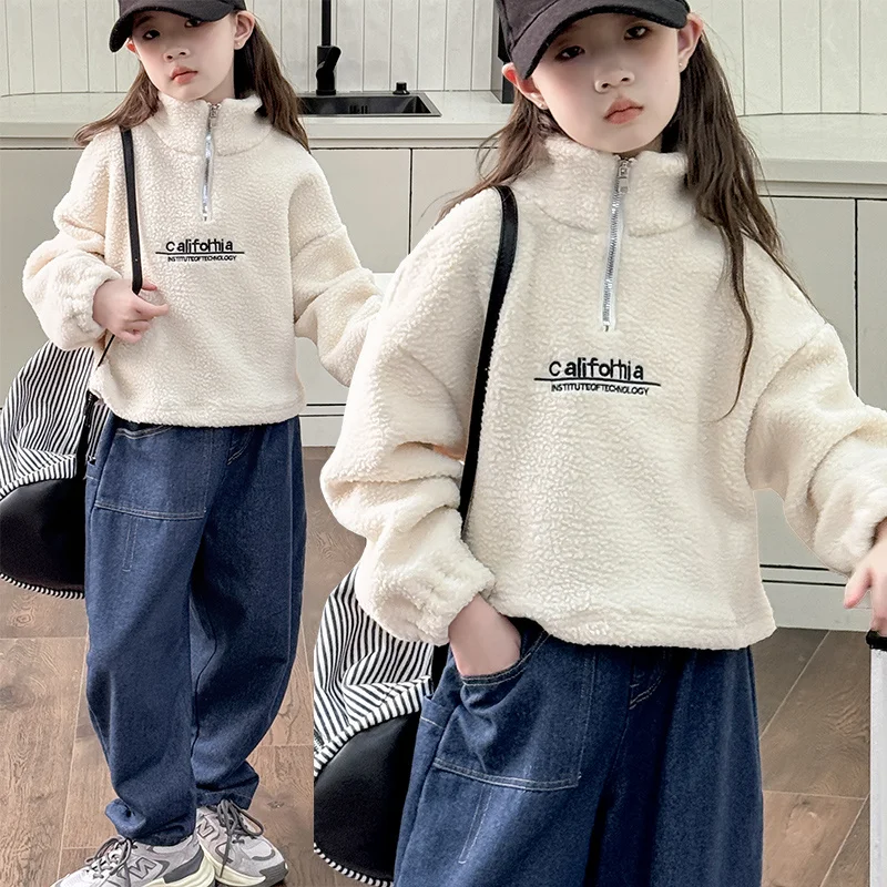 Winter Kids Warm Turtleneck Sweatshirt For Girls Thick Outerwear School Child Corduroy Wool Sweatshirt Outfit 5 7 9 10 12 14 Y