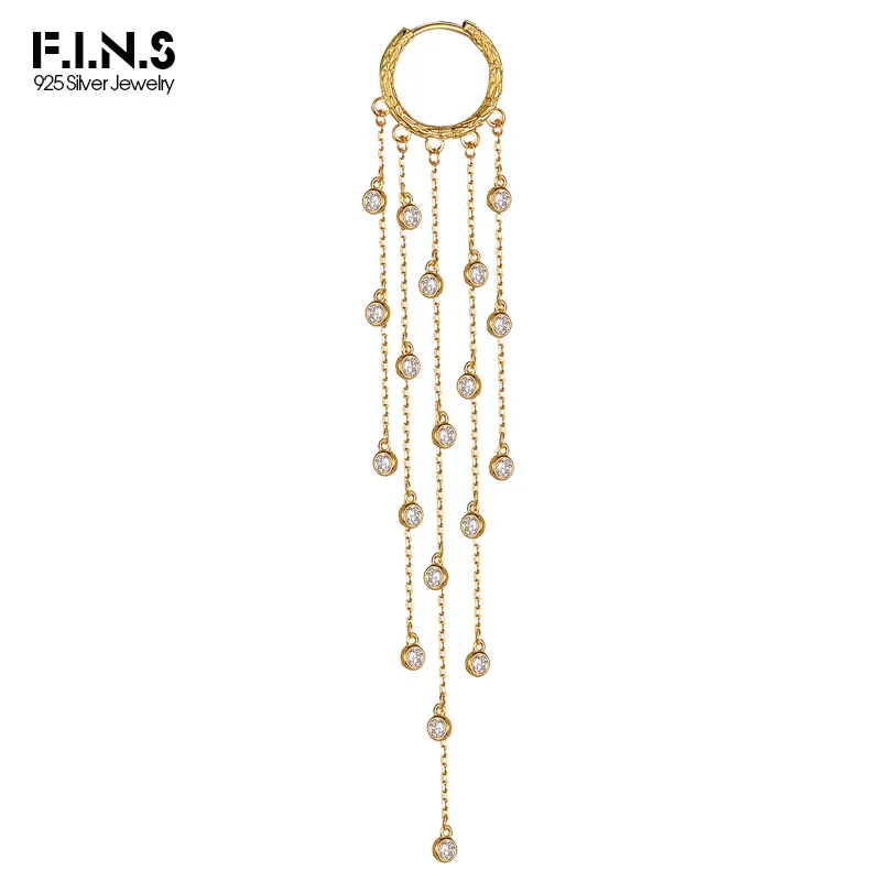 

F.I.N.S CUSTOM S925 Sterling Silver Zircon Tassel Long Earrings Hanging Embossed Patterns Round Hoops Ear Buckle Fine Jewelry