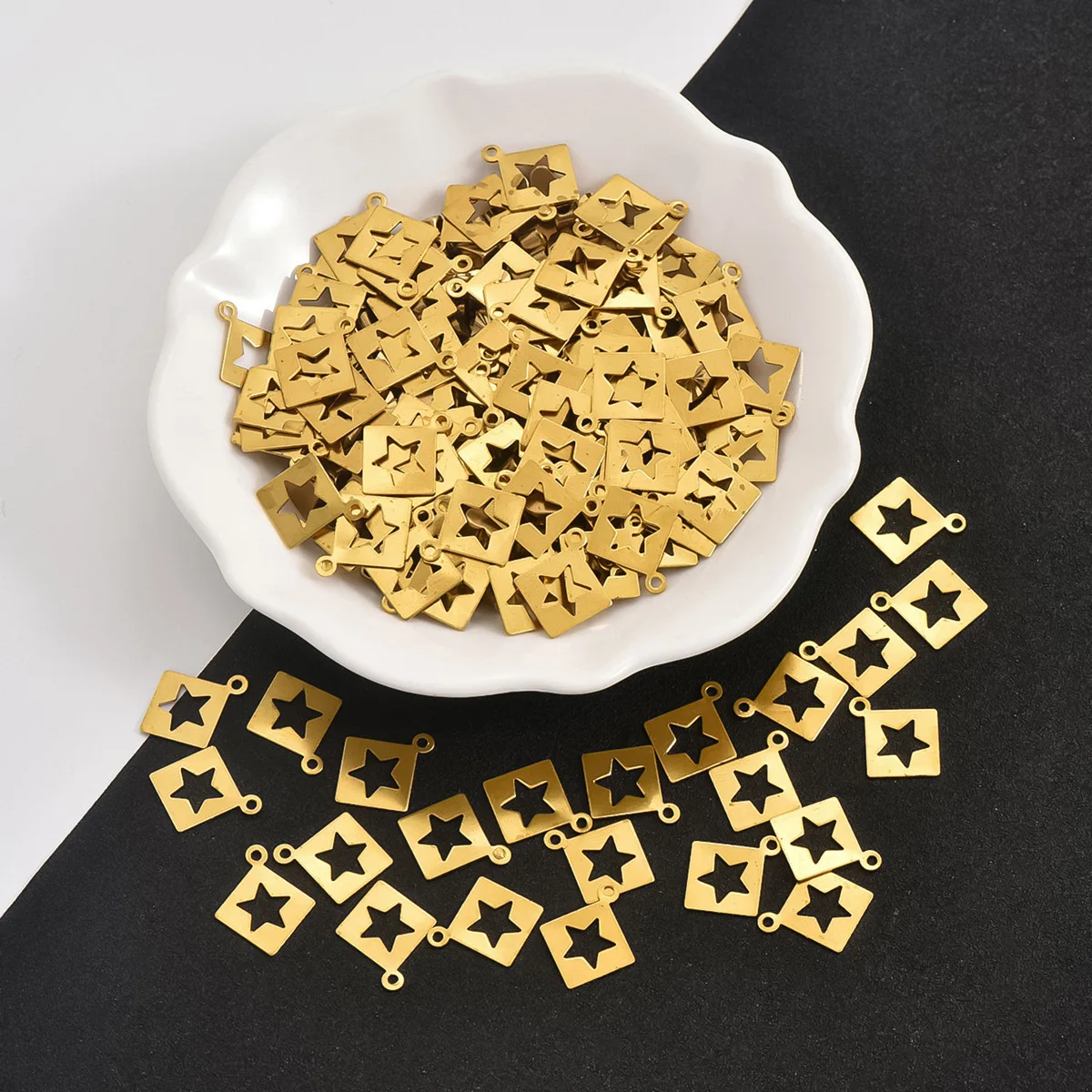 

50PCS DIY Brass Charm Pendants Square Hollow Pentacle Star Handmade Earrings Necklace Headwear Jewelry Crafts Accessories