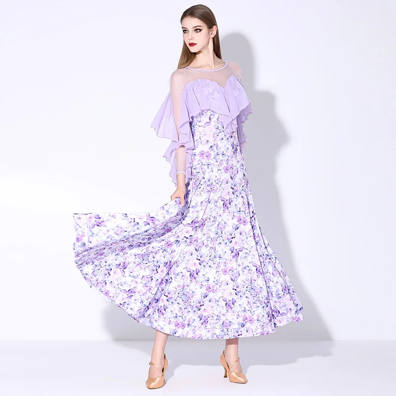 

1pcs/ lot woman print ruffles ballroom dancing dress lady floral long waltz dancing dress