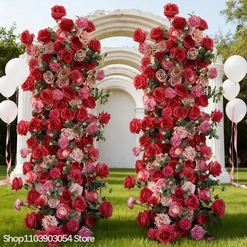 Luxuriöses Rot-Rosa Rosen-Blumenarrangement mit Künstlichem Eukalyptus für Hochzeits-Hintergrund, Bühne, Party, Zeremonie und Gangdekoration – Detail 2