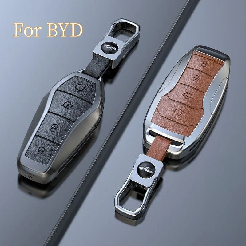 For BYD Key Cover Song Plus Atto 3 Han EV DM Qin Seal Dolphin Leather Metal Remote Fob Holder Keychain BYD Key Protective Case