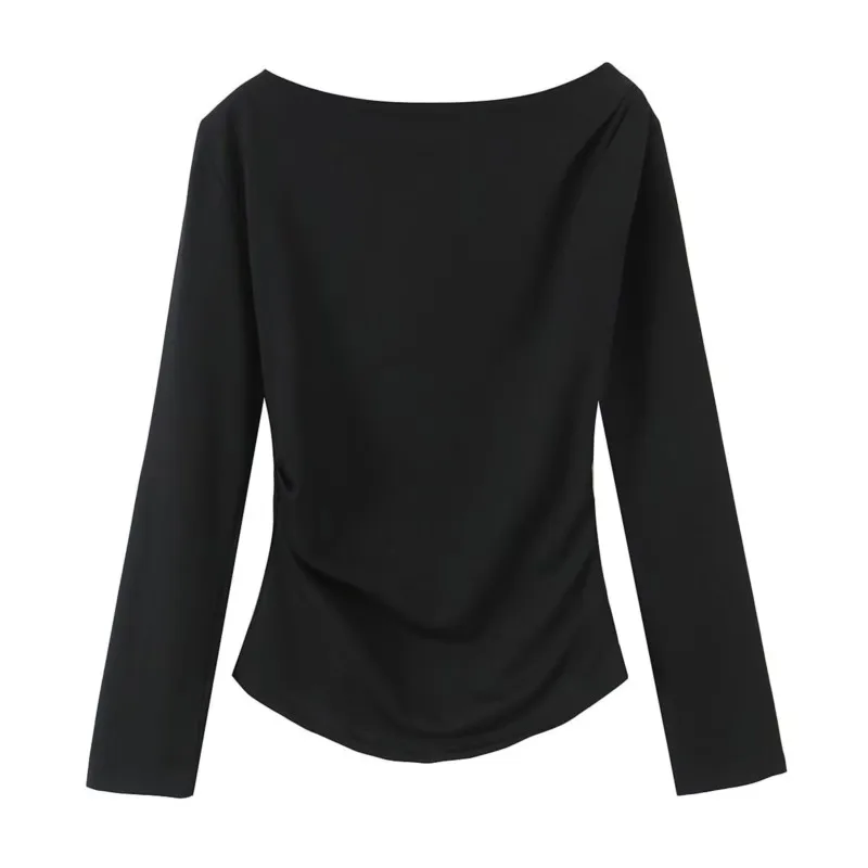 TRAF Women Pleated Chiffon Spring Casual Stacked Decoration Long Sleeve Women's Shirts Female Slash Neck Shirts & Blouses