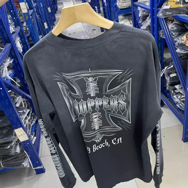 Men Vintage Washed Blue Iron Cross Long Sleeve T Shirt Oversized Biker Motorcycle Streetwear Tee