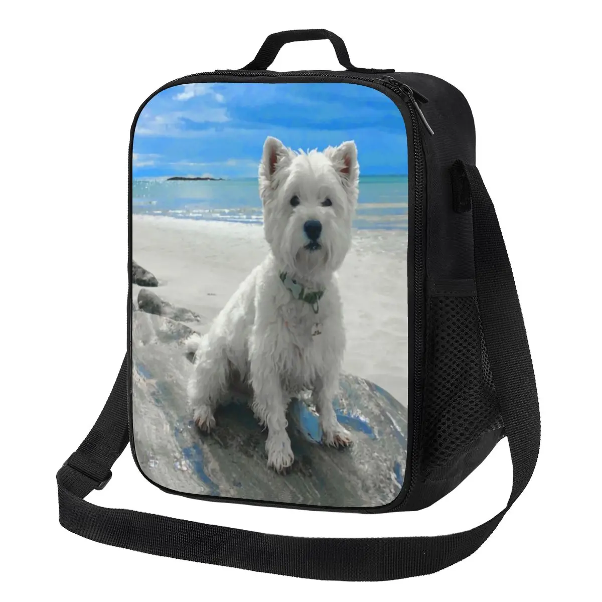 Sacos de almoço isolados térmicos de West Highland, cão terrier branco, sacola reutilizável para escola e escritório, cachorro selvagem na praia