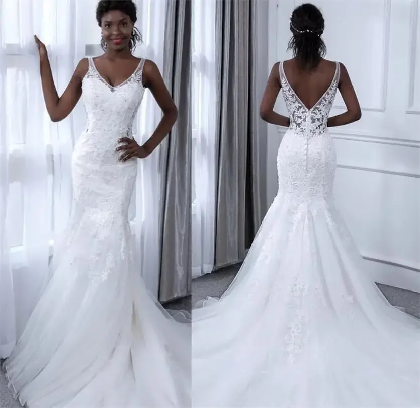 Customized White Lace Mermaid Wedding Dresses For Women 2021 V-Neck Sleeveless White African Bridal Gowns Lace Vestidos De Noiva