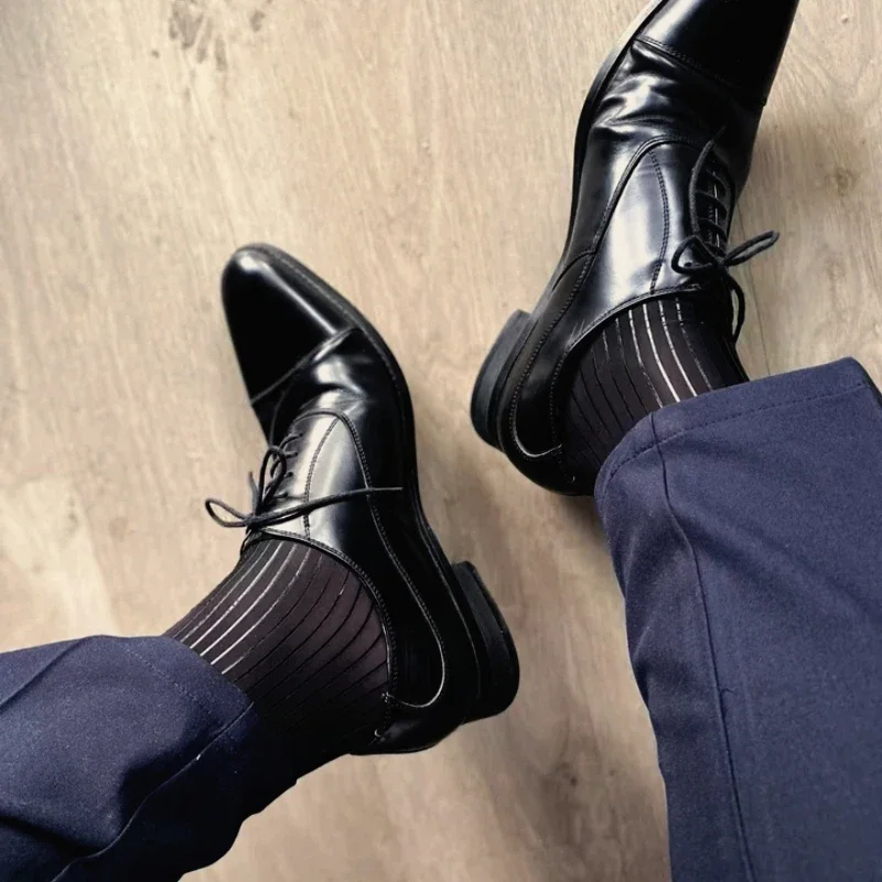 

Mens Nylon Sheer Suit Socks Oil Shiny Striped Design See Through Elastic Business Formal Dress Hose Stocking Gentleman's Socks