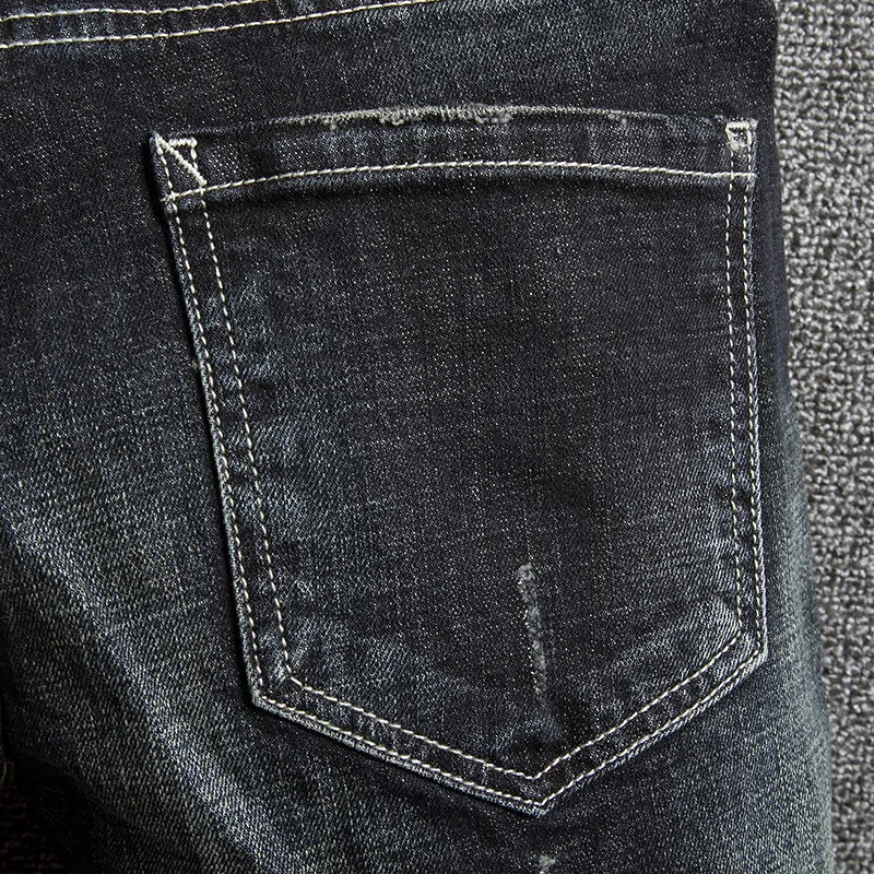 High Street Fashion Men Jeans Retro Black Blue Elastic Slim Fit Ripped Jeans Men Patches Designer Hip Hop Vintage Pants Hombre