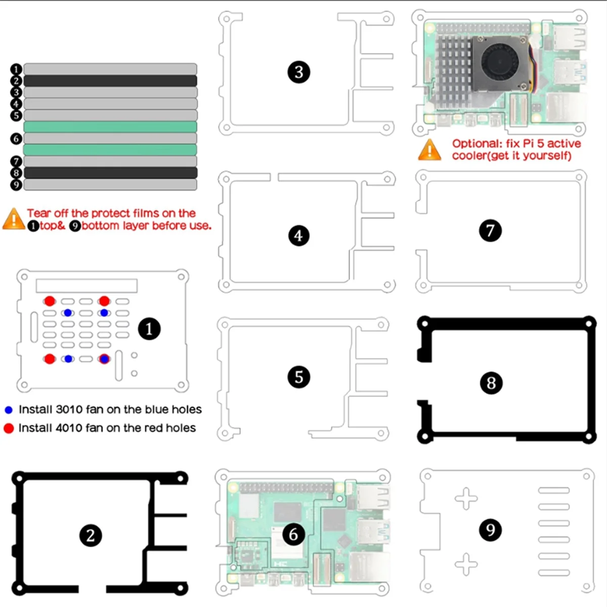 AT87-9-слойный акриловый чехол для Raspberry Pi 5, совместимый с активным кулером Raspberry Pi 5