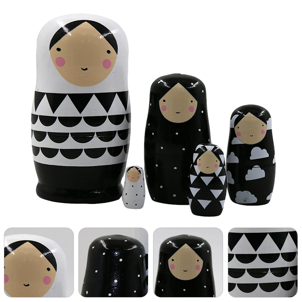 

5 Pcs Black and White Matryoshka Regional Style Dolls Russian Nesting Toy Decorations Hand Painted Kids Wooden Ornament
