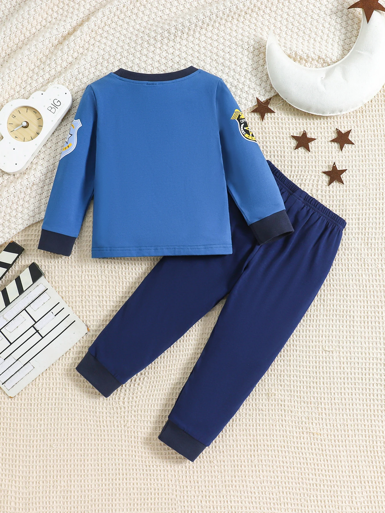 Boys 2-piece Trendy Pajama Sets Police Uniform Pattern Round Neck Long Sleeve Top & Matching Pants Comfy Casual PJ Sets