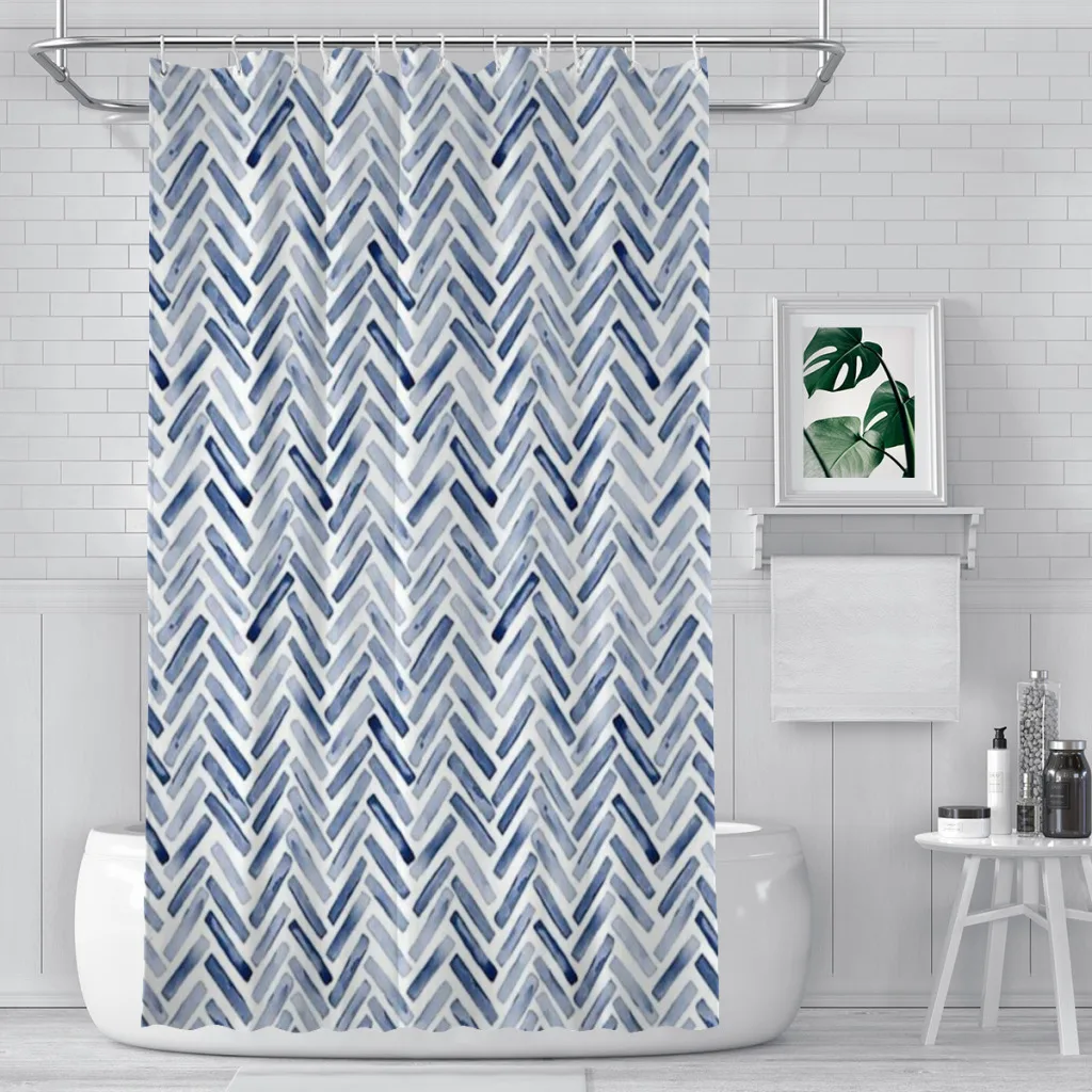 

Shower curtain Bathroom Indigo Blue Watercolor Herringbone Chevron decor Modern household Curtain Festival gift