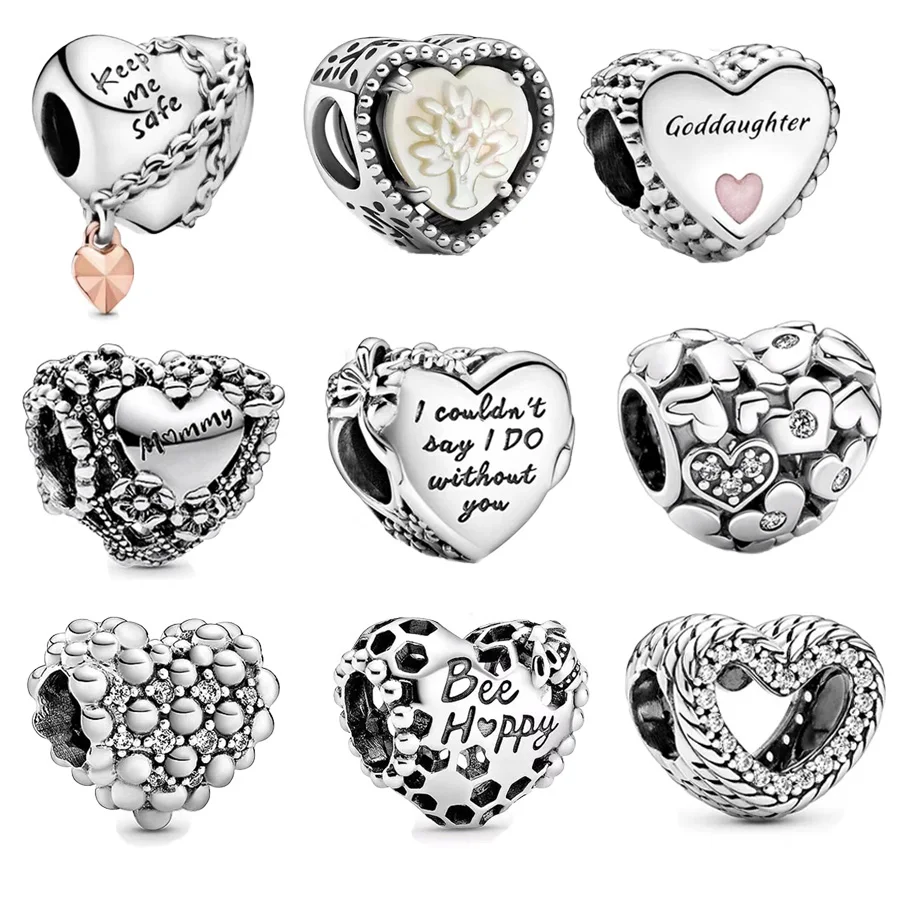 Hot Sale Openwork Heart Family Tree & Heart Footprint Charm Beads Fit Original 925 Sterling Silver Pan Bracelet DIY Jewelry Gift