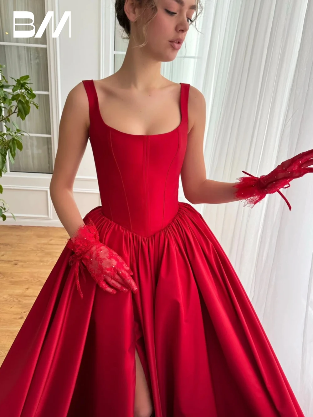 Red Cinderella Taffeta Elegant Evening Dress Fashion Corset Side Slit Special Occasions No Gloves Customized Women Party Prom