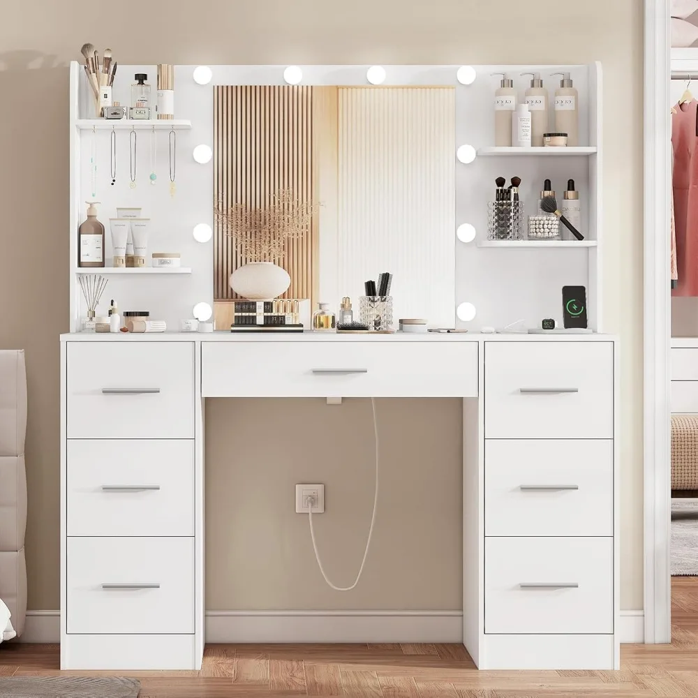 Makeup Vanity with Mirror and Lights, 7 Drawers, 4 Shelves, 5 Jewel Hooks & Power Strip, Vanity Desk Set for Bedroom, White