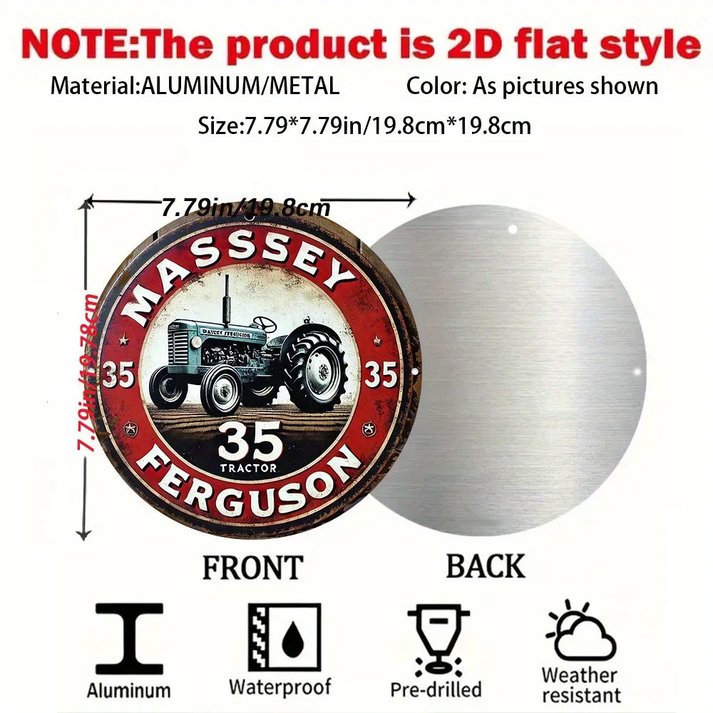 لوحة فنية جدارية مسطحة ثنائية الأبعاد "Massey Ferguson Tractor" - ديكور آلات زراعية عتيقة، لافتة ألومنيوم متينة مع تصميم "35 جرار"، مثالية #2