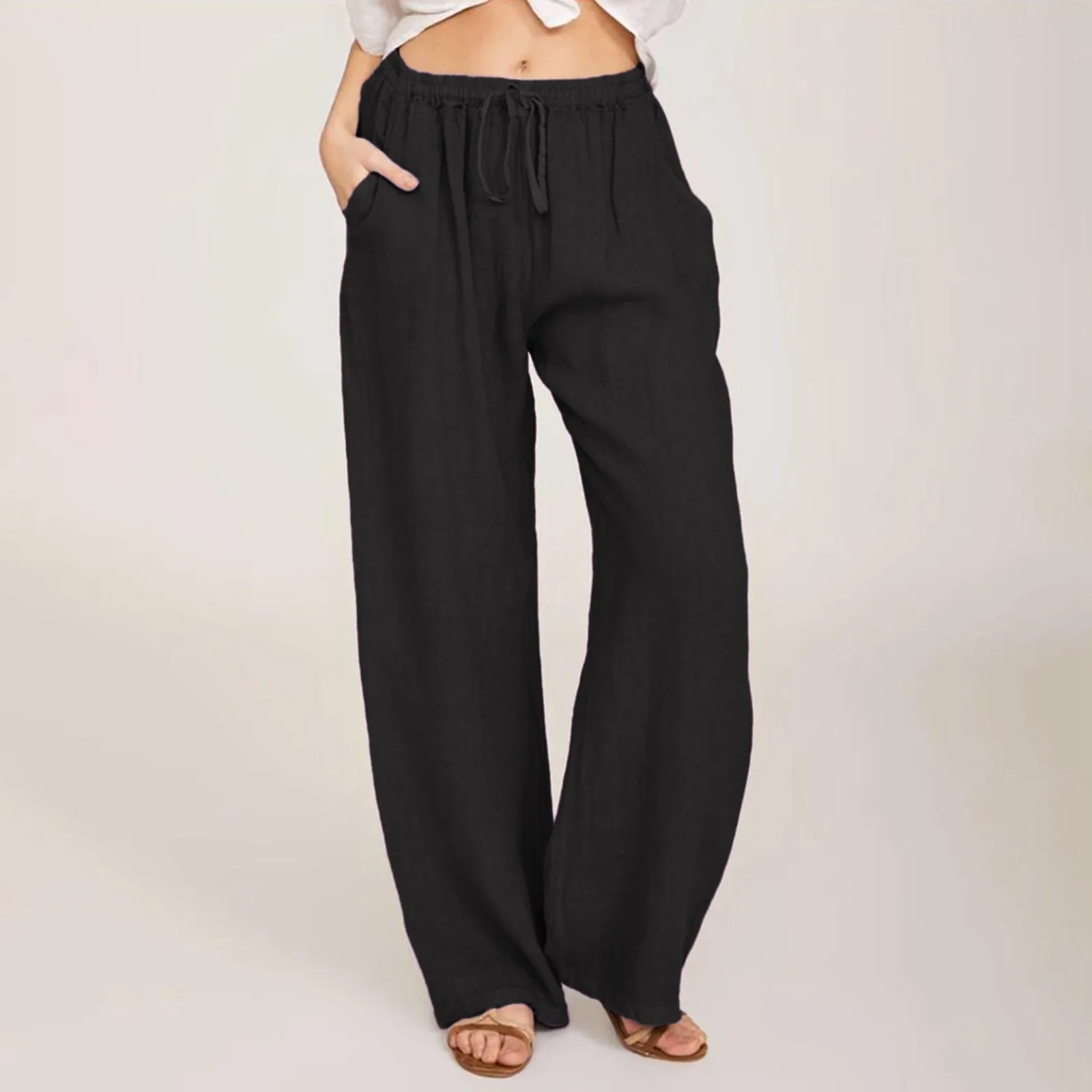 

Summer Autumn Wide Leg Pants For Women Full Length Casual Elastic Waist Drawstrings Pants Female Solid Loose Straight Trousers