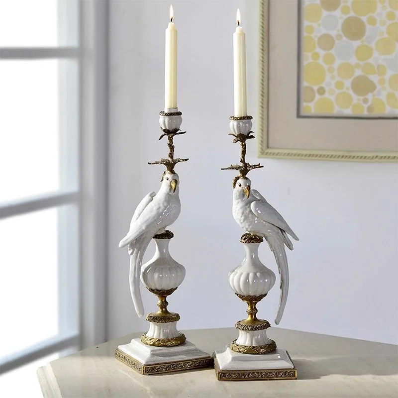 BJ-1 European Pure Copper Hand-painted Ceramic Parrot Candlestick Ornament, American Entrance Classical Home Living Room