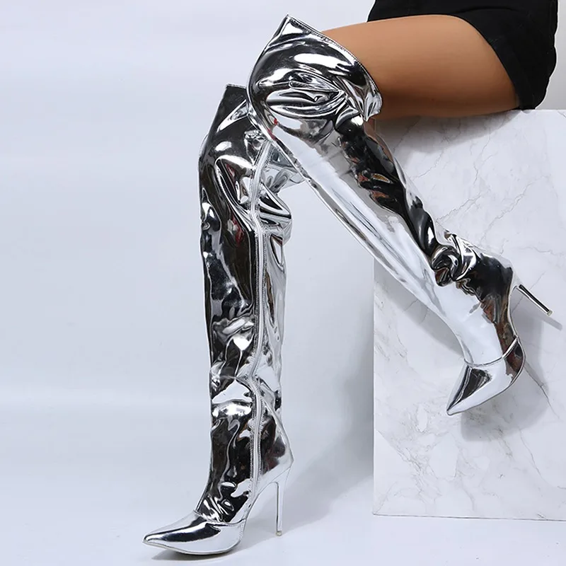 Women Heels Long Boots Women Autumn Winter Over-the-Knee Silver Mirror Thigh High Boots T Show Pointy Toe Casual Club Party Shoe